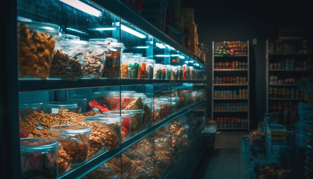 Abundance of fresh food on large supermarket shelves generated by AI