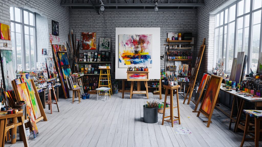 Bright Art Studio Filled with Easels and Paint Supplies