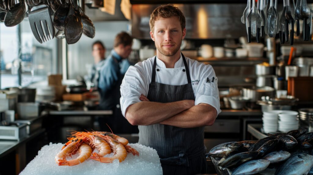 Chef Standing in a Restaurant Kitchen with Seafood on Ice