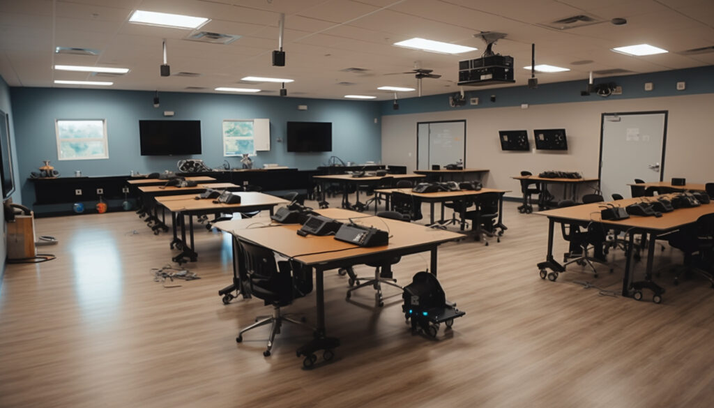 classroom-with-tables-chairs-sign-that-says-green-it