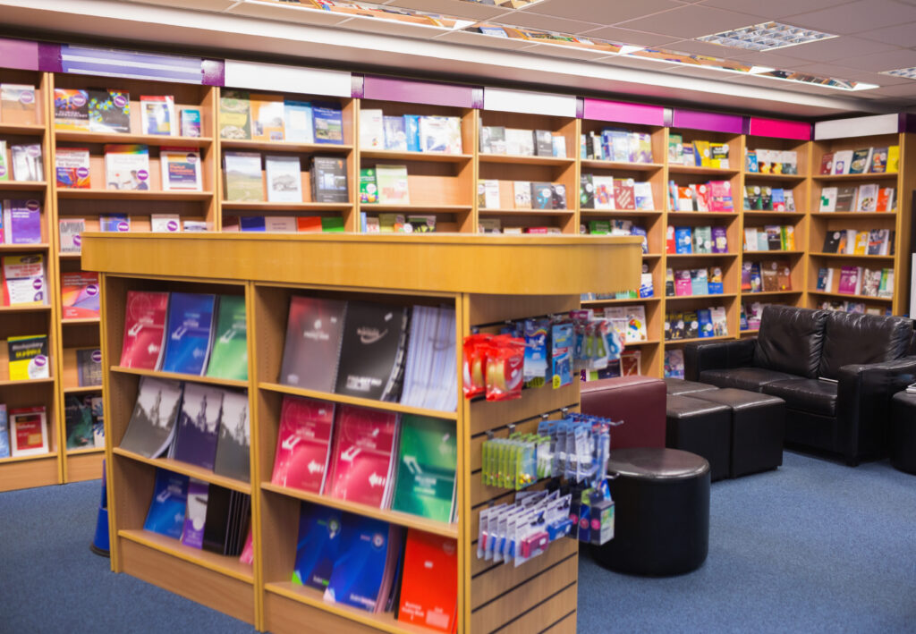 Couches and bookshelf in library