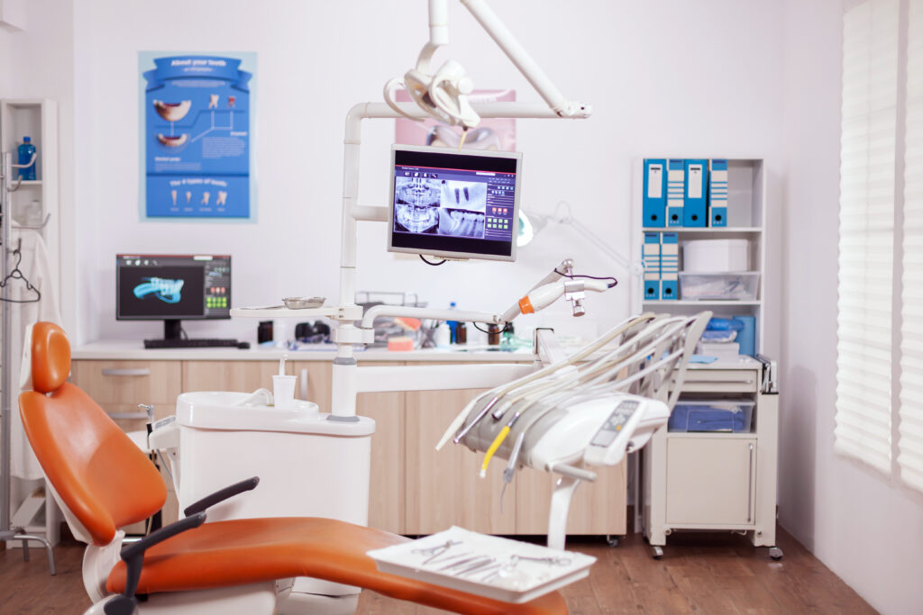 Dental clinic interior with modern dentistry equipment