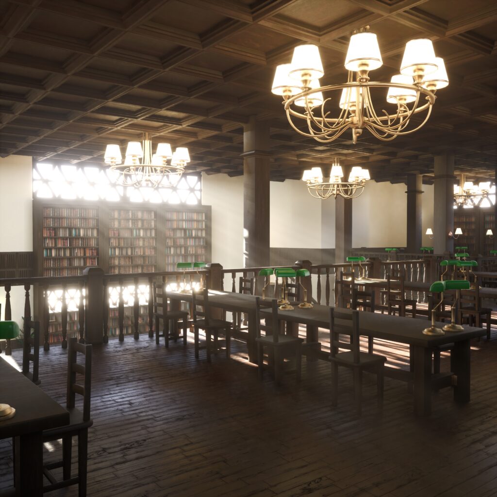 Empty two story university study area with wooden furniture