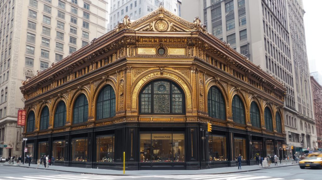 Gilded corner building with arched windows and ornate details, city street scene.
