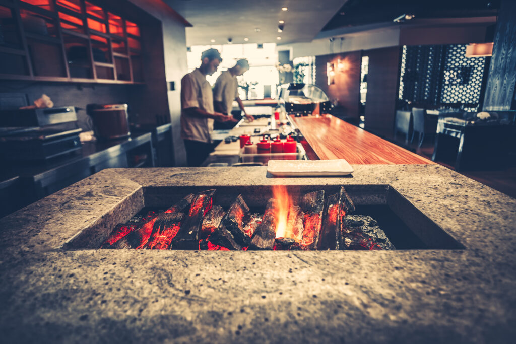 modern restaurant with fireplace