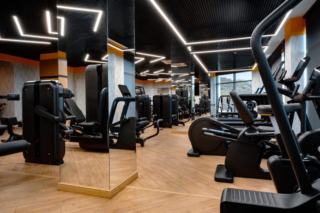 Modern gym interior with new fitness equipment