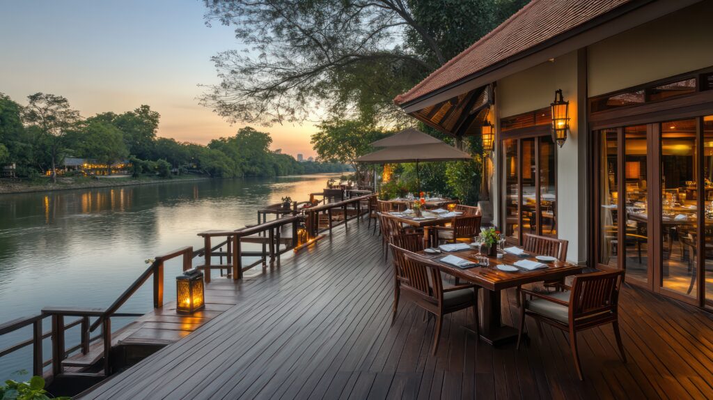 riverside restaurant with teak wood decking and panoramic views of the water