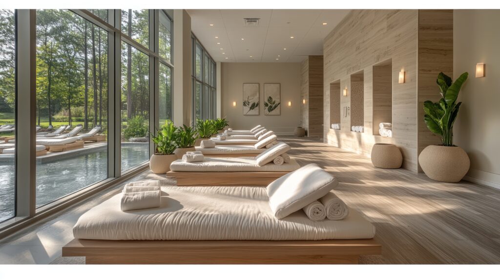 A serene spa interior with relaxation beds and large windows overlooking nature.