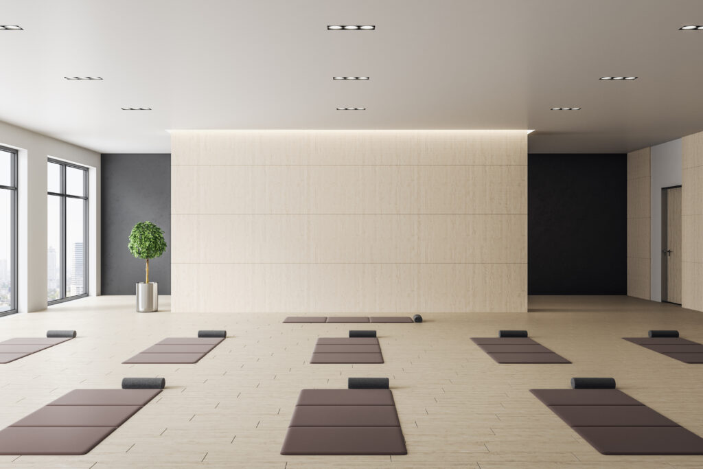 Studio with yoga mats on wooden floor