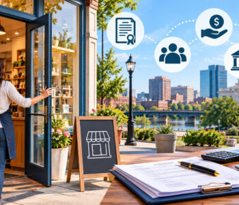 Wilmington storefront opening with business license and city tax compliance icons