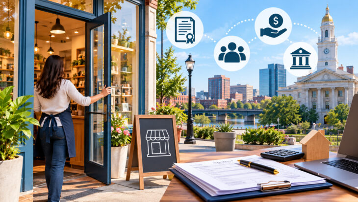 Wilmington storefront opening with business license and city tax compliance icons