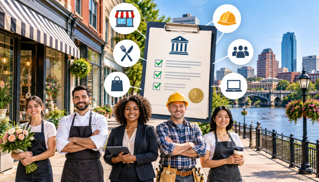 Wilmington Delaware business owners with licensing and storefront icons